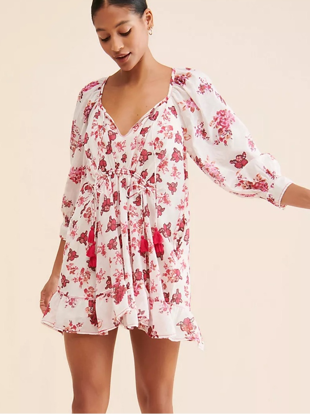 Free People Camella Mini Dress | Small | Floral Boho Puff Sleeve Tassel